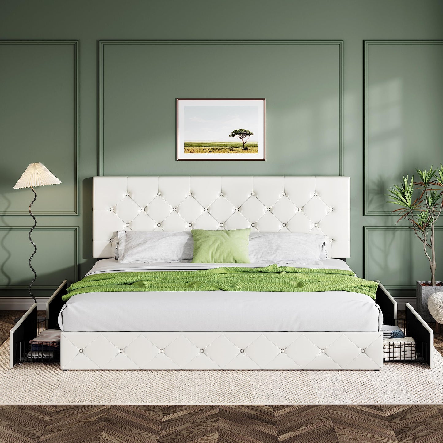 Upholstered Platform Bed Frame with 4 Storage Drawers and Headboard