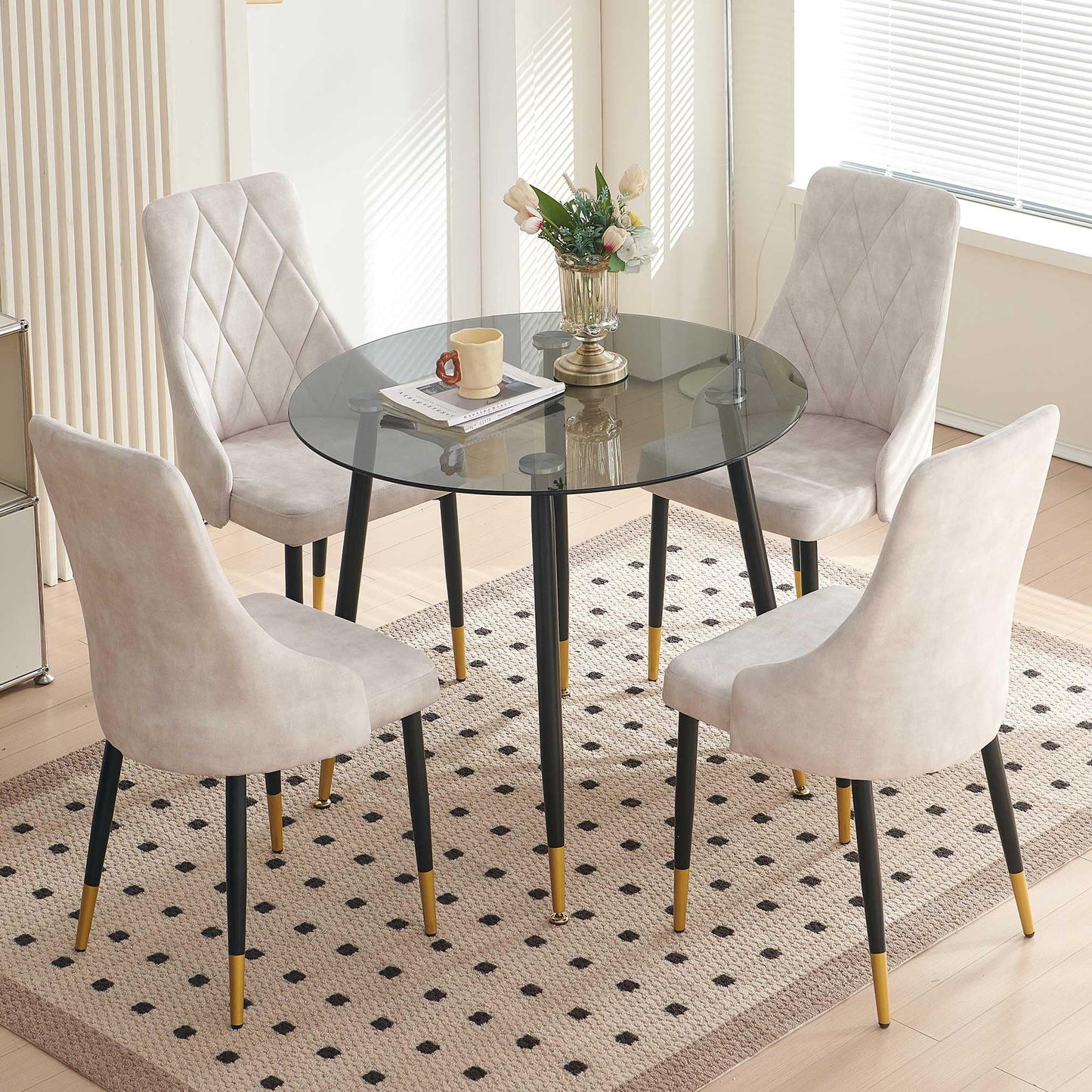 Kitchen Table and Chairs Set, Grey Glass Round Table with Metal Legs, 4 Chairs