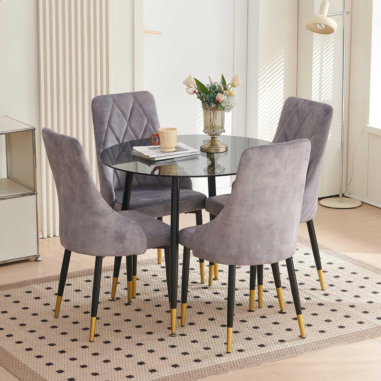 Kitchen Table and Chairs Set, Grey Glass Round Table with Metal Legs, 4 Chairs