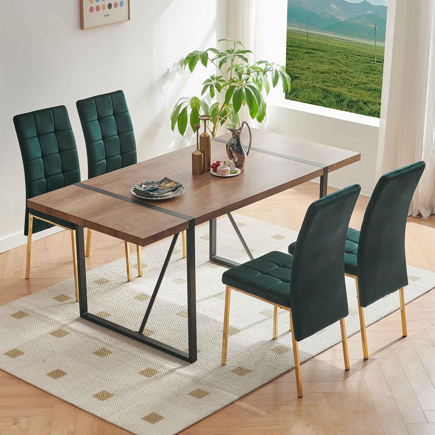 7 PCS Dining Room Table Set, 66" Large Kitchen Table Chairs Velvet Upholstered Chairs