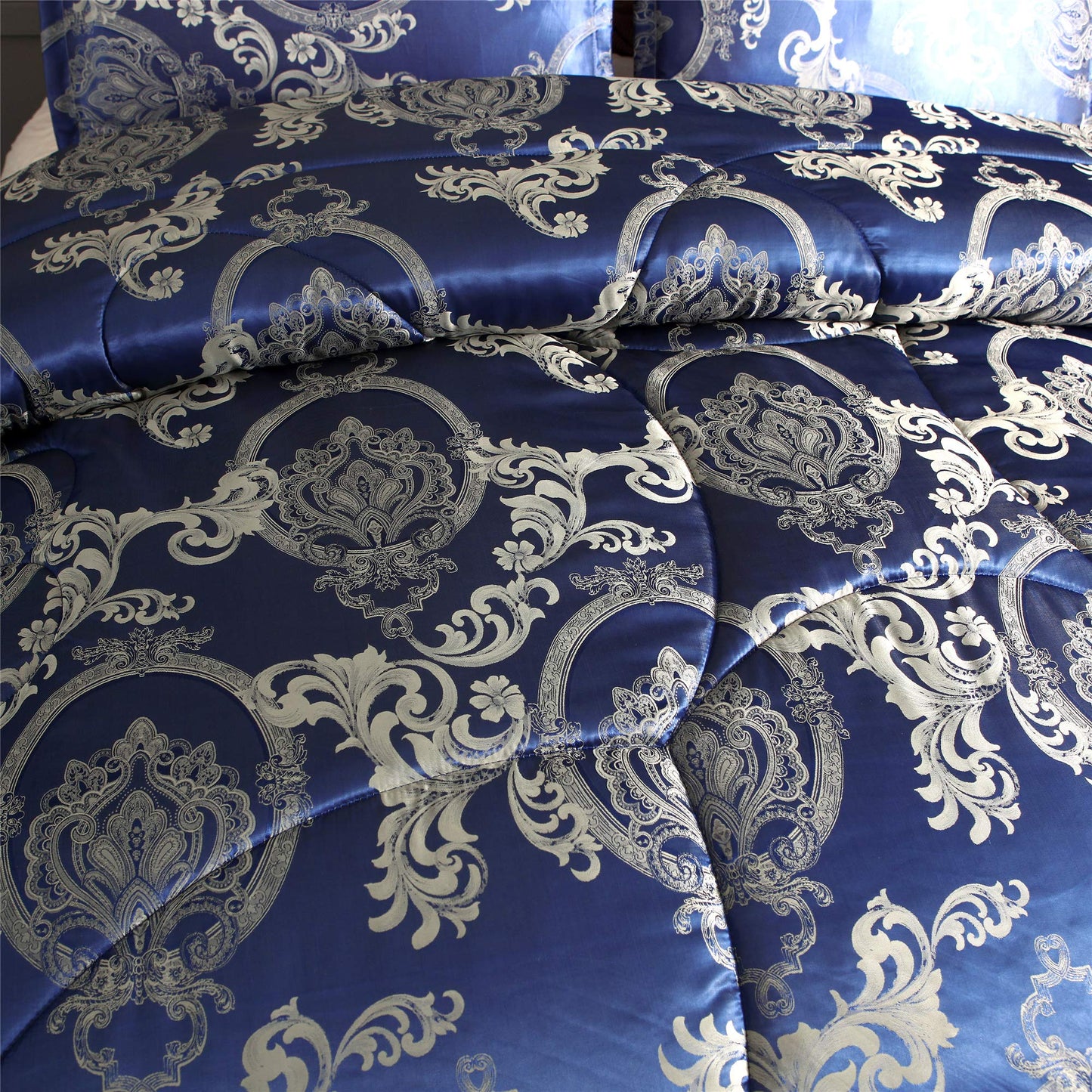 Comforter Set Satin Silk Blanket All Season Bed Luxury Royal Blue Jacquard