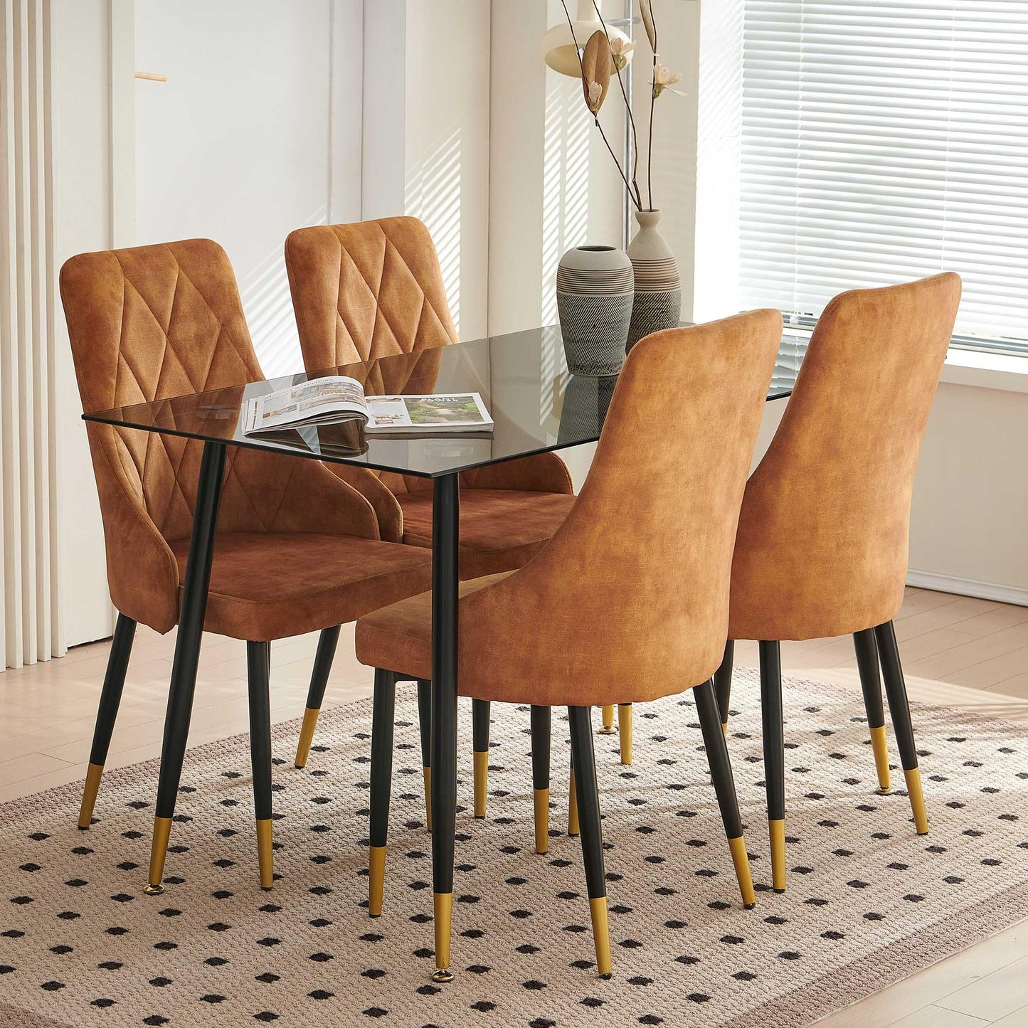 Kitchen Table and Chairs Set, Grey Glass Round Table with Metal Legs, 4 Chairs