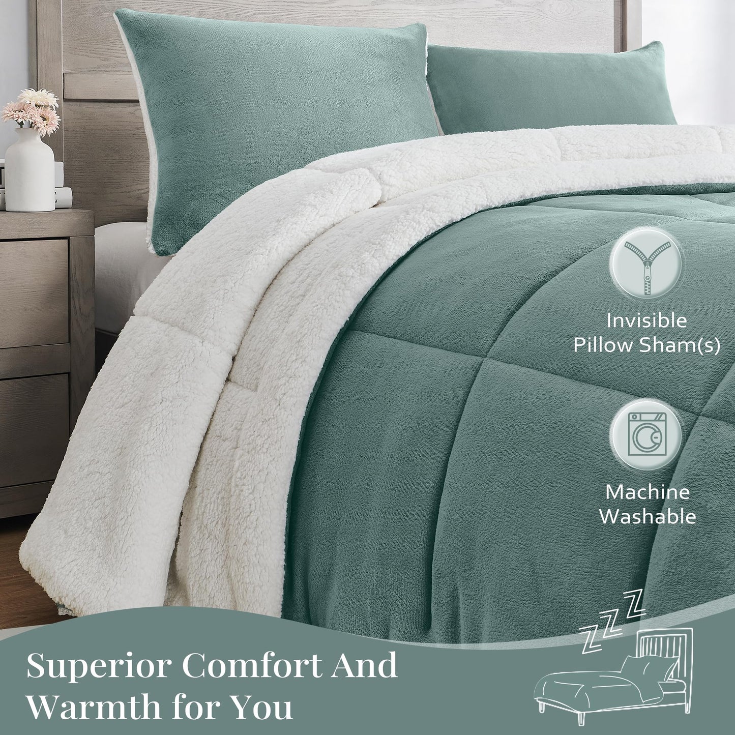 Luxury Fleece Sherpa Comforter Sets for Queen Bed, Soft and Warm Set