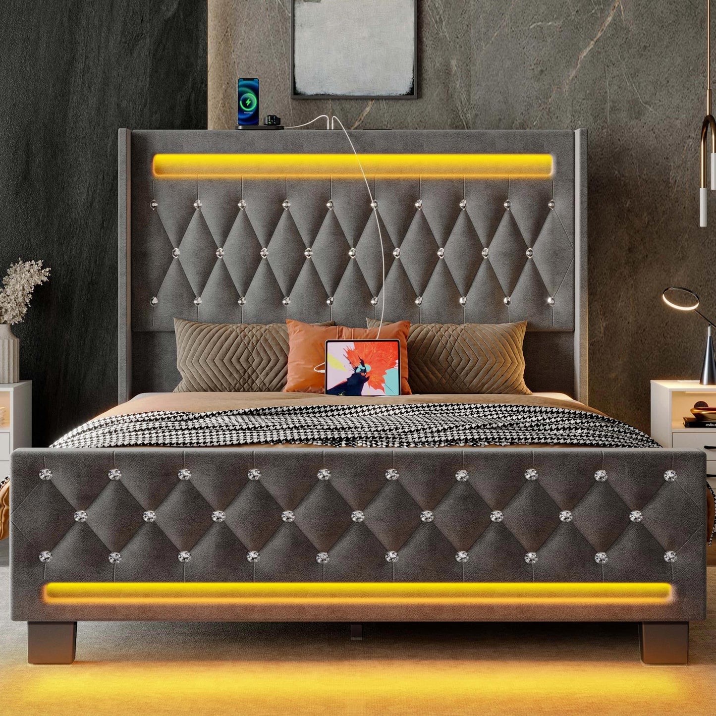 LED Light and Charging Station, Upholstered High Headboard and Footboard