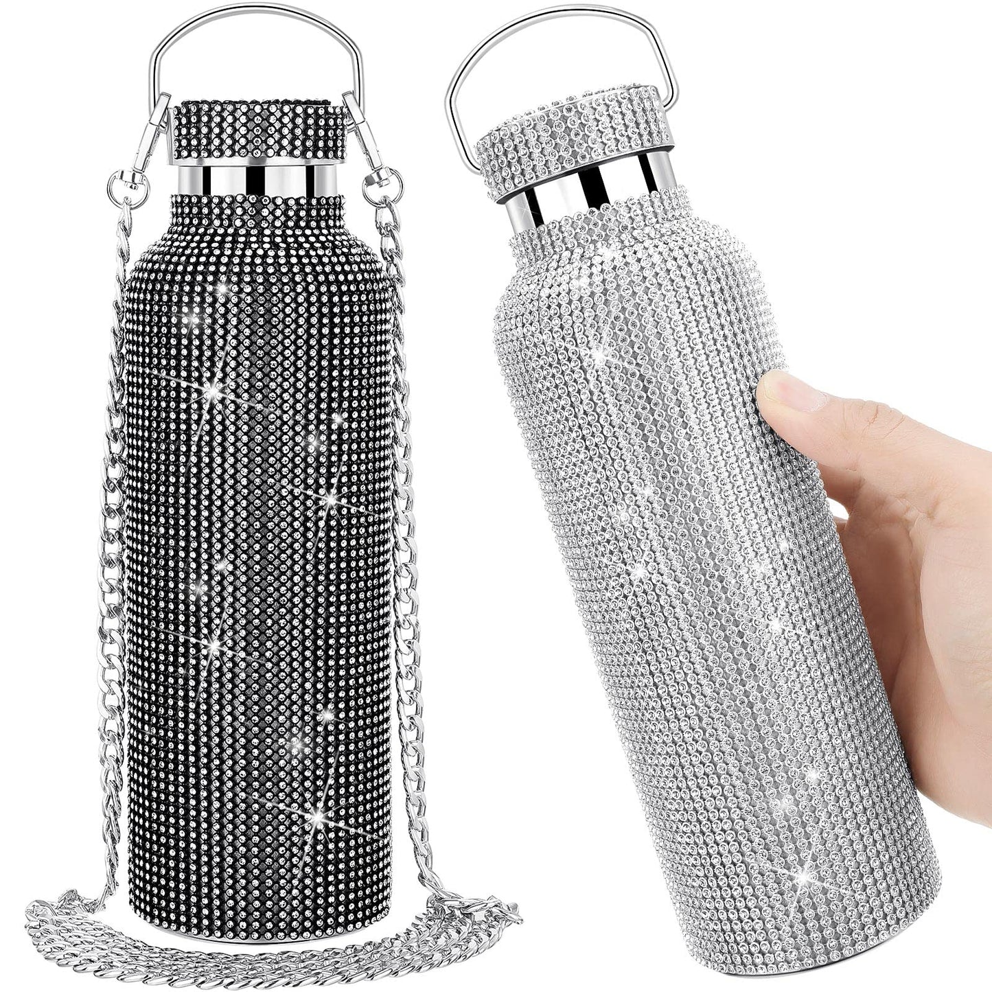 2 Pieces Bling Water Bottle Diamond - Rhinestone with Chain Stainless Steel