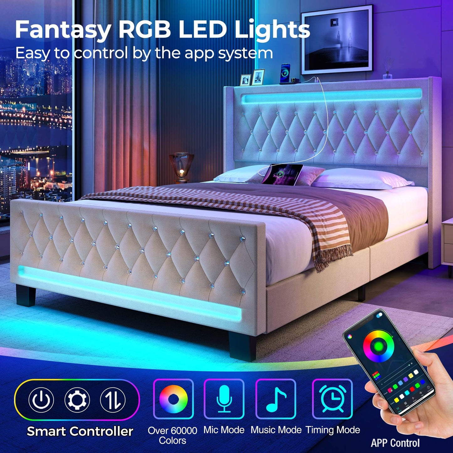 LED Light and Charging Station, Upholstered High Headboard and Footboard