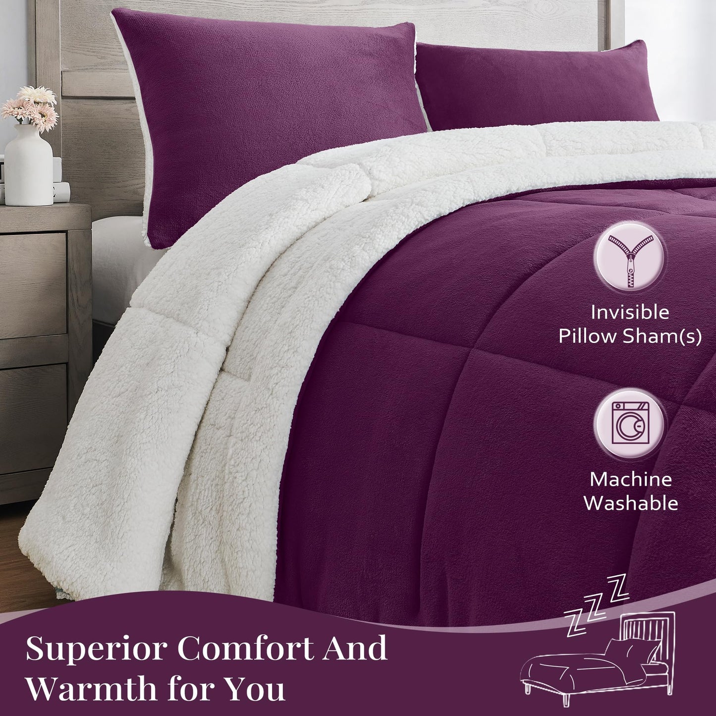 Luxury Fleece Sherpa Comforter Sets for Queen Bed, Soft and Warm Set