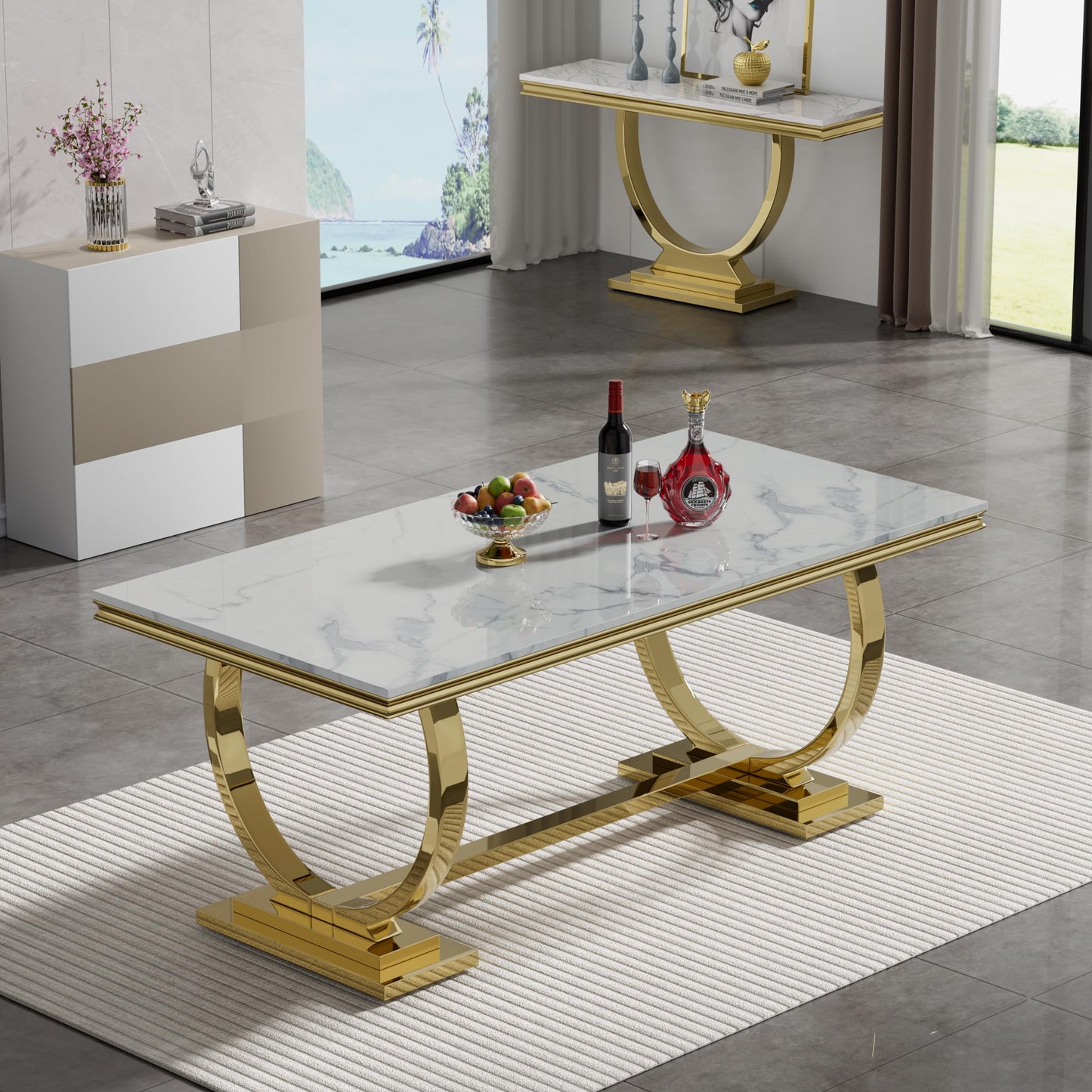 70 Inch White Marble Kitchen Table with Gold Mirrored Cabriole Legs