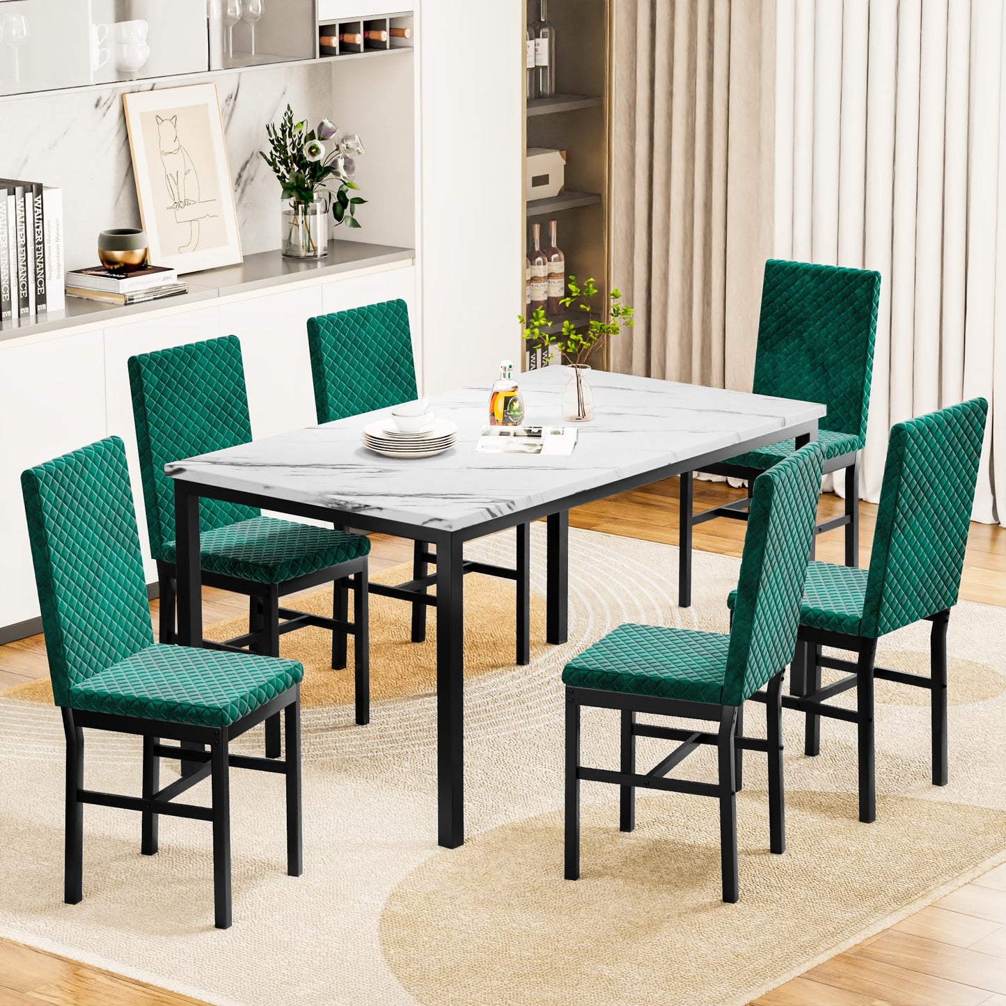 Dinner Table for 6, Marble Dining Room Table Set with Velvet Dining Chairs, 7 Piece