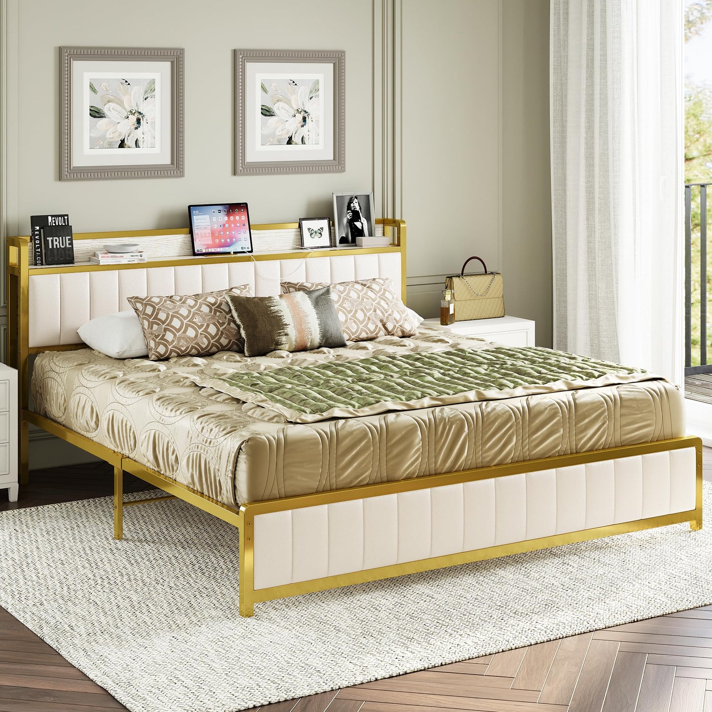 King Bed Frames, Storage Headboard with Charging Station