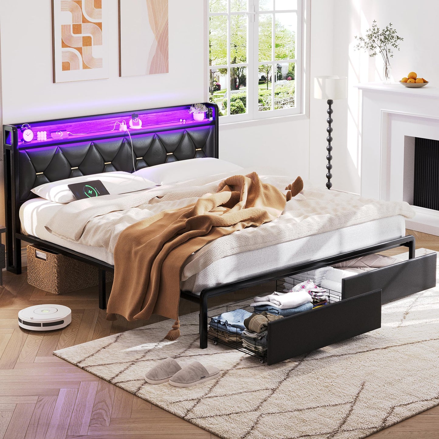 Led King Platform Bed Frame with Faux Leather Storage Headboard