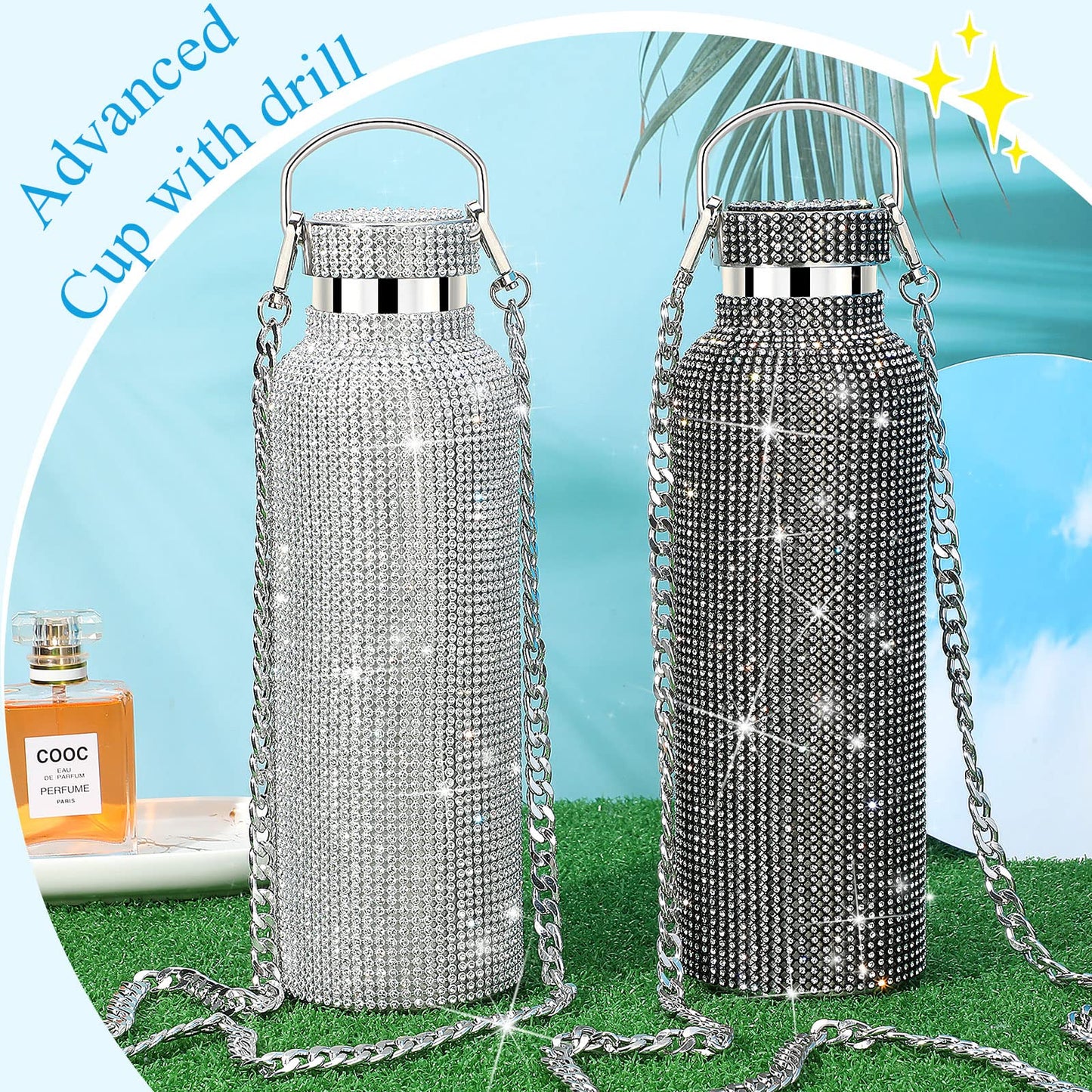 2 Pieces Bling Water Bottle Diamond - Rhinestone with Chain Stainless Steel