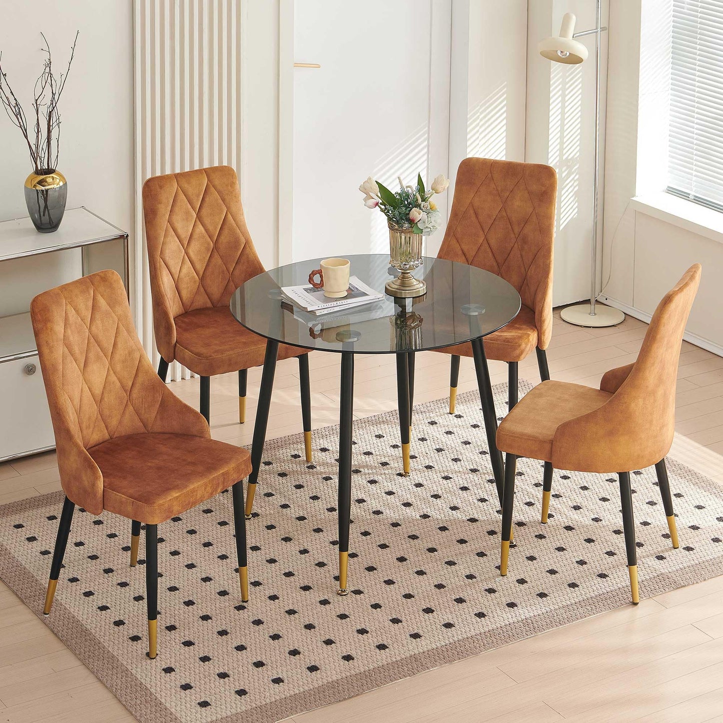 Kitchen Table and Chairs Set, Grey Glass Round Table with Metal Legs, 4 Chairs