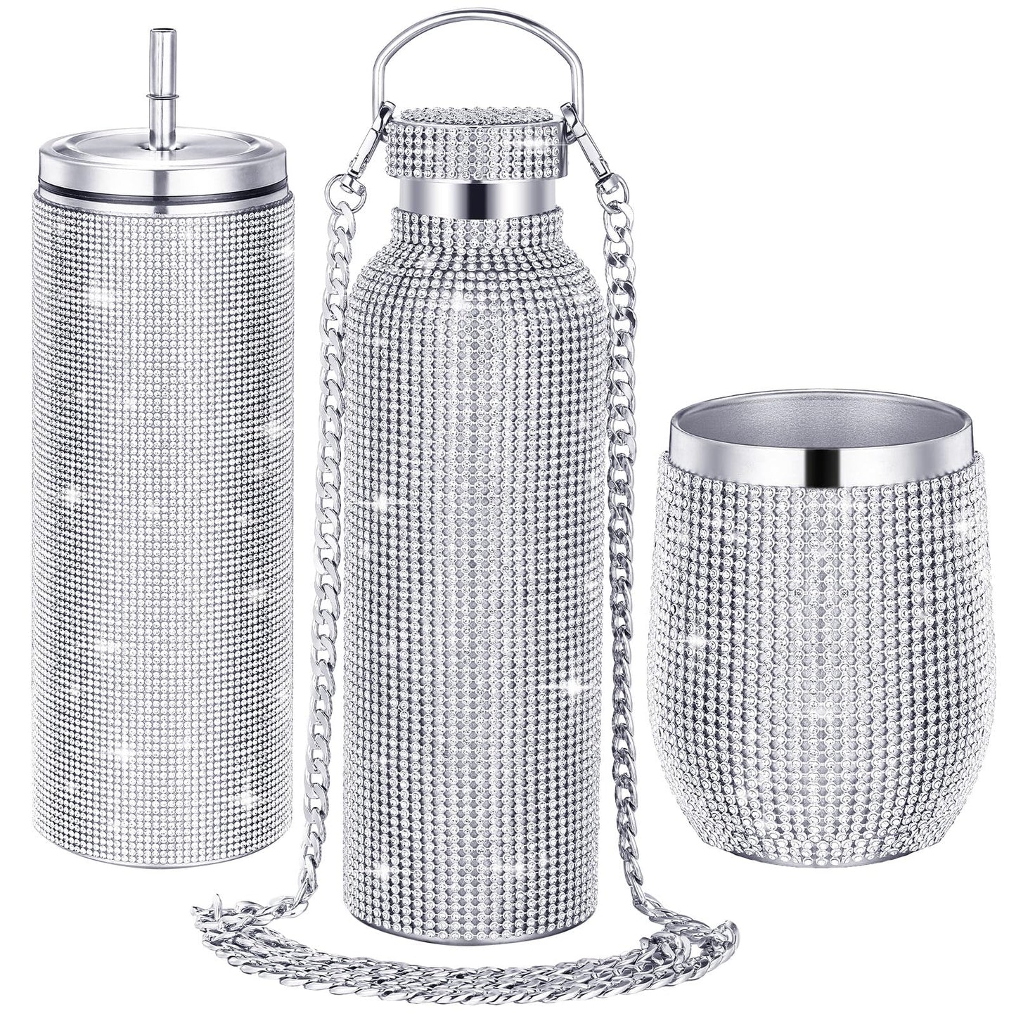 3 Pcs Bling Water Bottle Rhinestone Stainless Steel Bling Cup Stemless  (Gold)