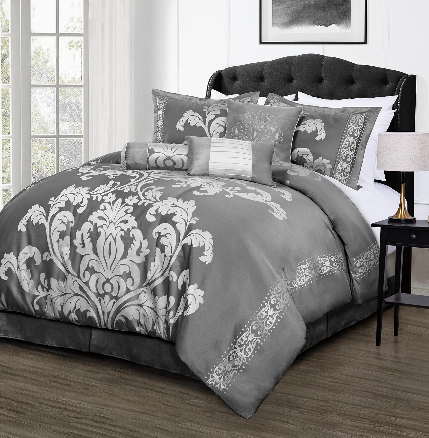 7-Piece Jacquard Floral Comforter Set (Queen, Navy/Gold)