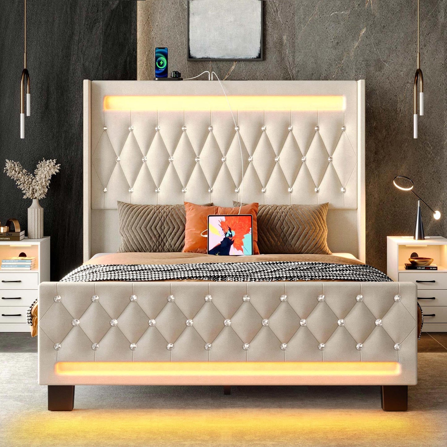 LED Light and Charging Station, Upholstered High Headboard and Footboard