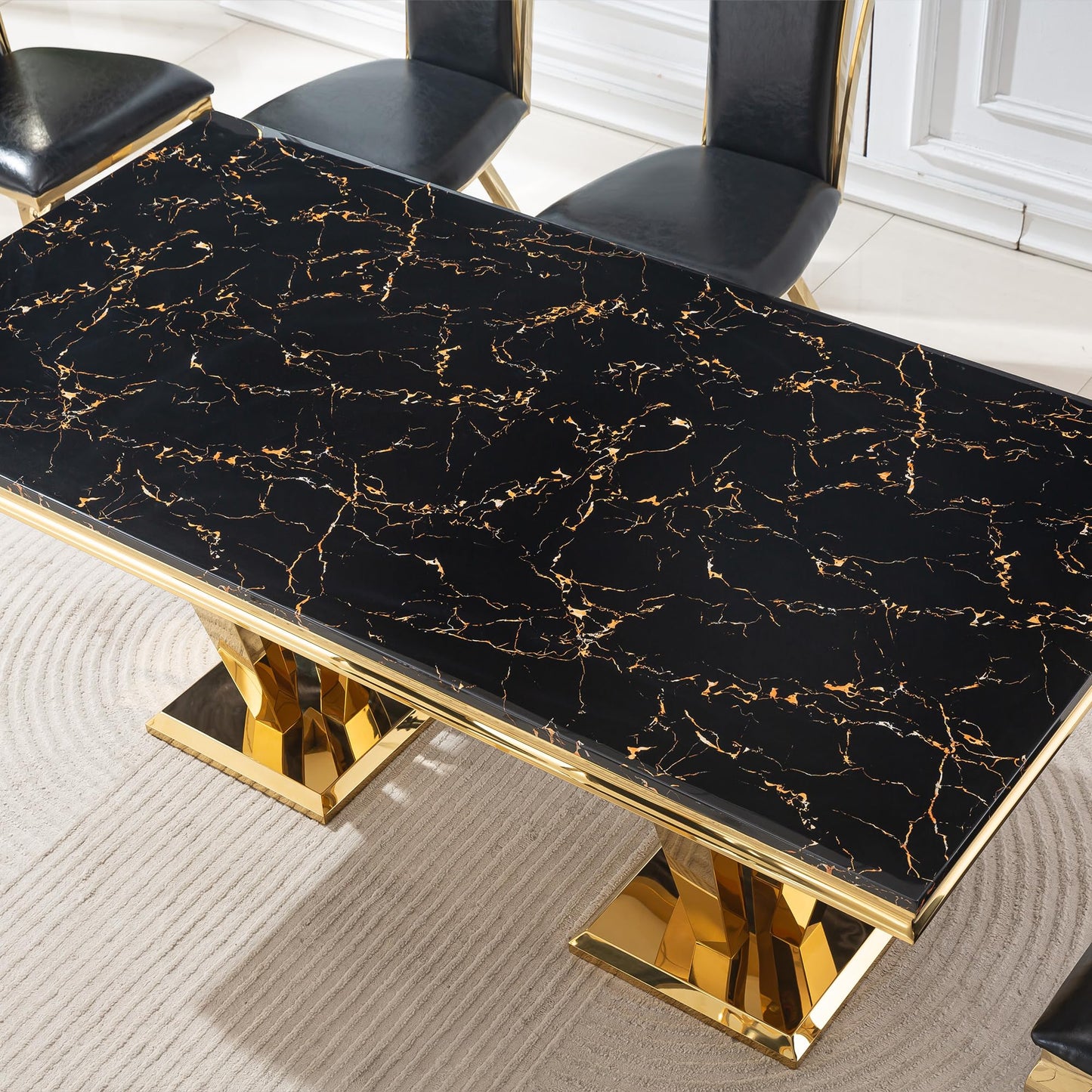 70 Inch White Marble Kitchen Table with Gold Mirrored Cabriole Legs