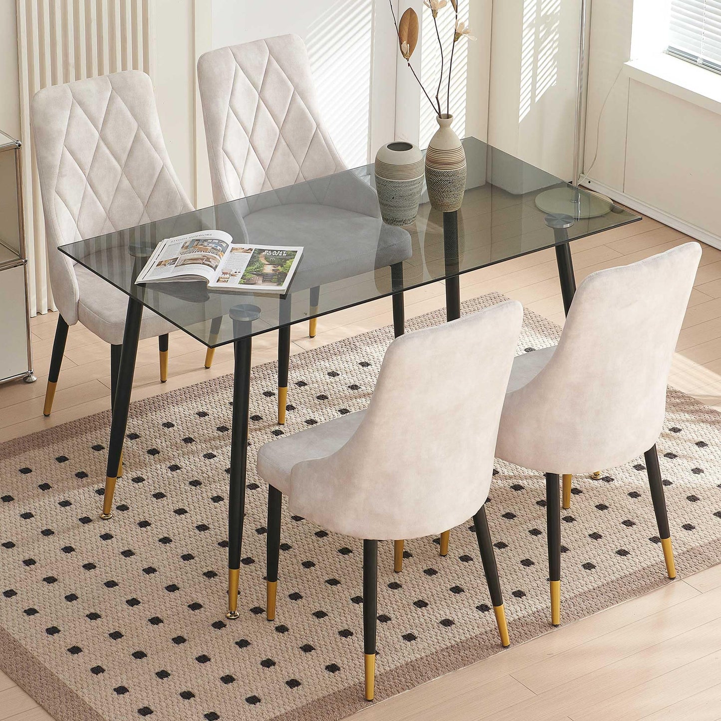 Kitchen Table and Chairs Set, Grey Glass Round Table with Metal Legs, 4 Chairs