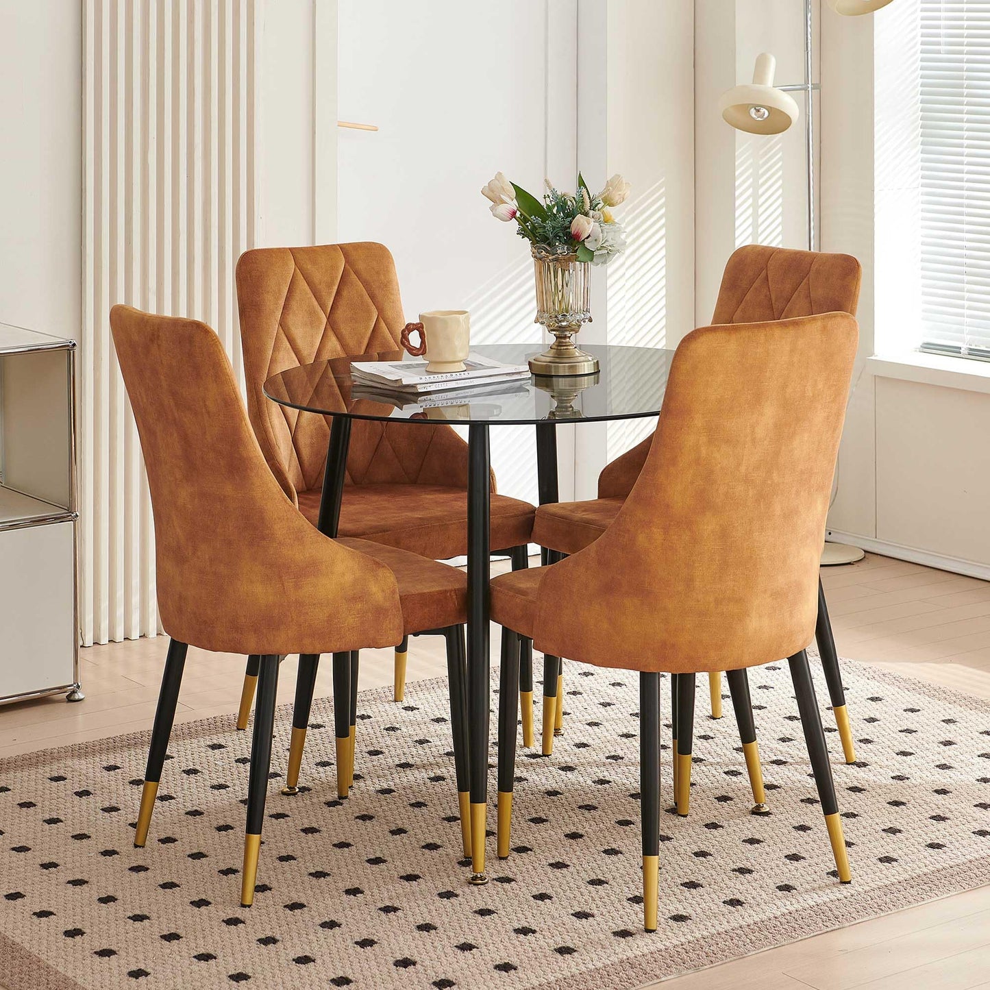 Kitchen Table and Chairs Set, Grey Glass Round Table with Metal Legs, 4 Chairs