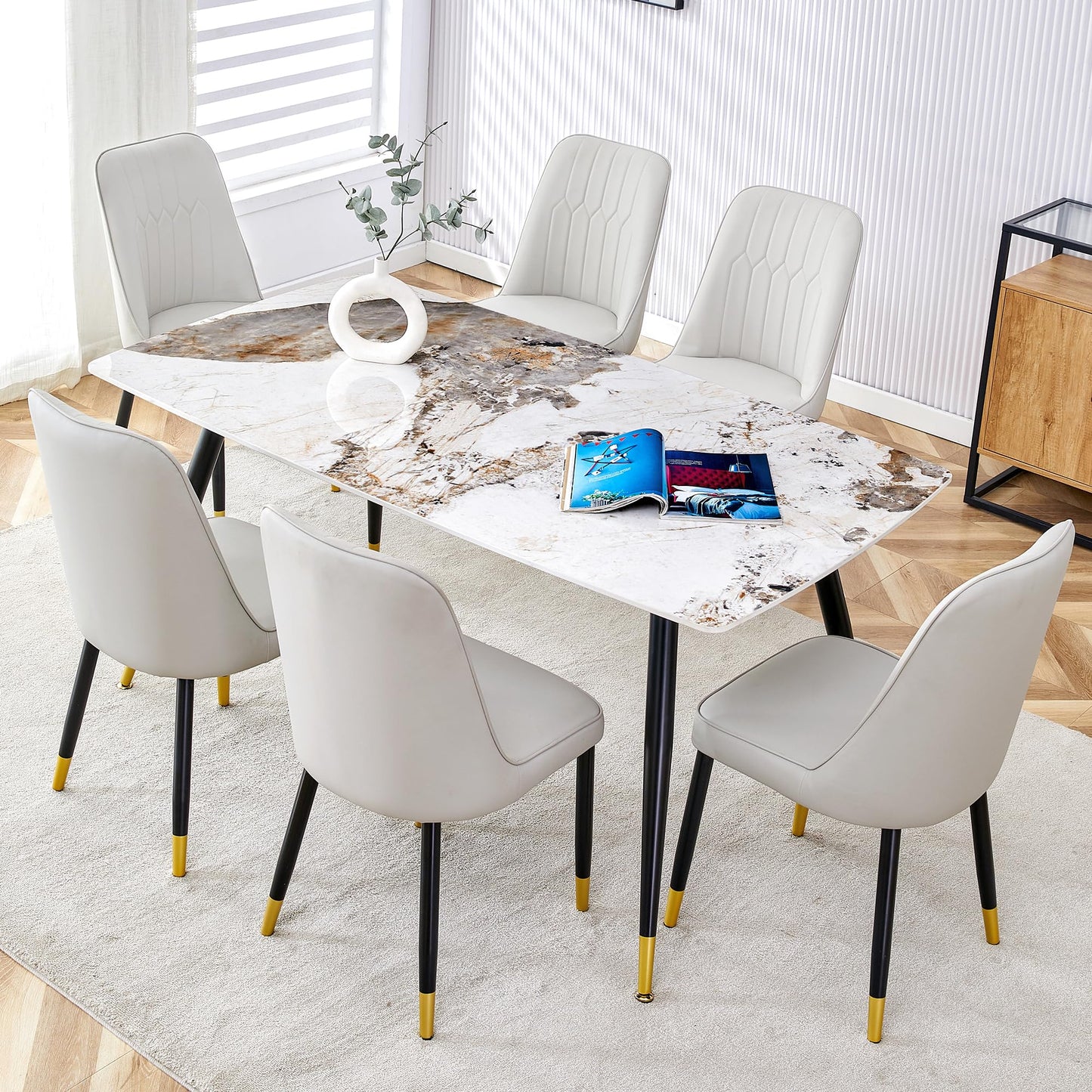 Dining Room Table Set for 4,Sintered Stone Kitchen Table Top and Modern Chairs