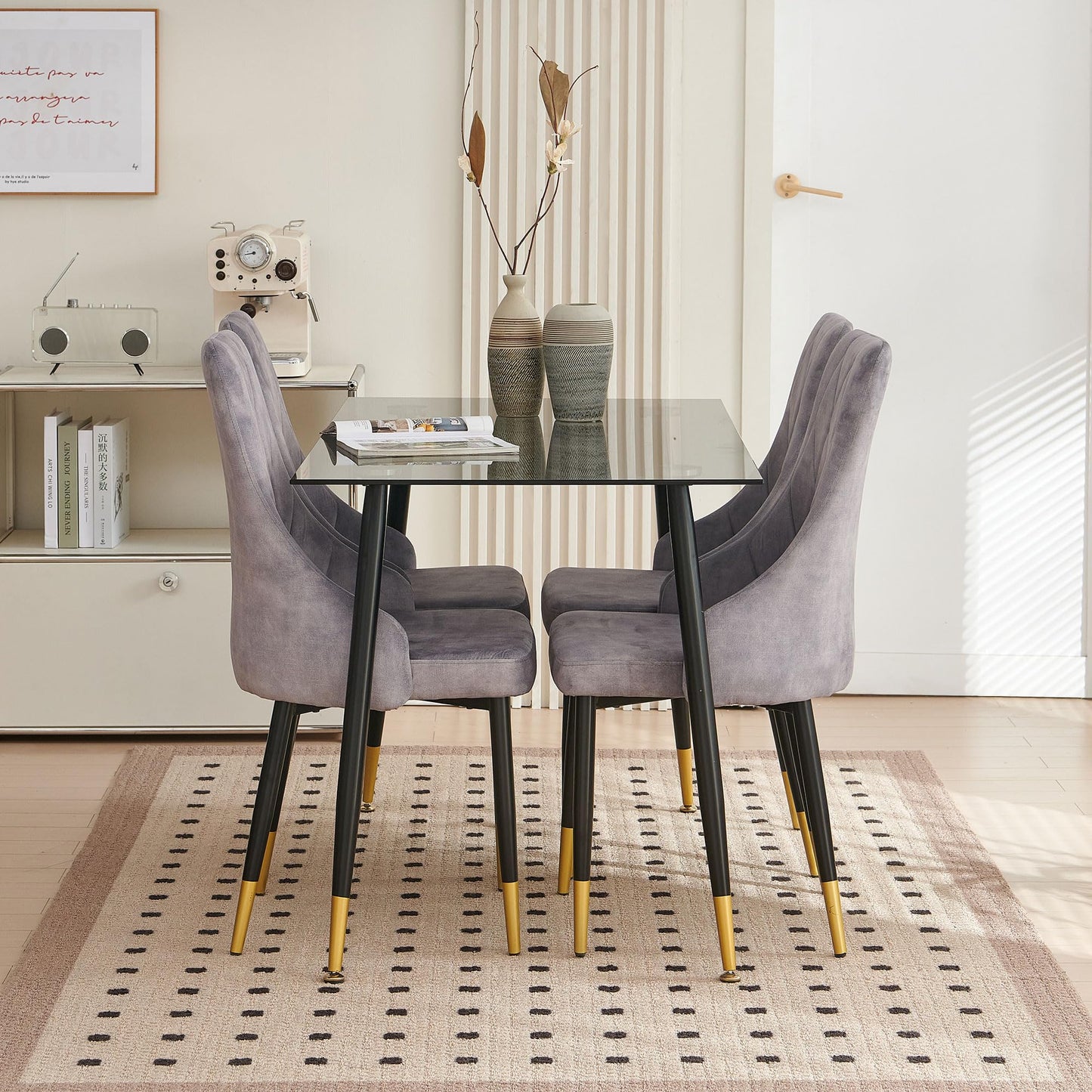 Kitchen Table and Chairs Set, Grey Glass Round Table with Metal Legs, 4 Chairs