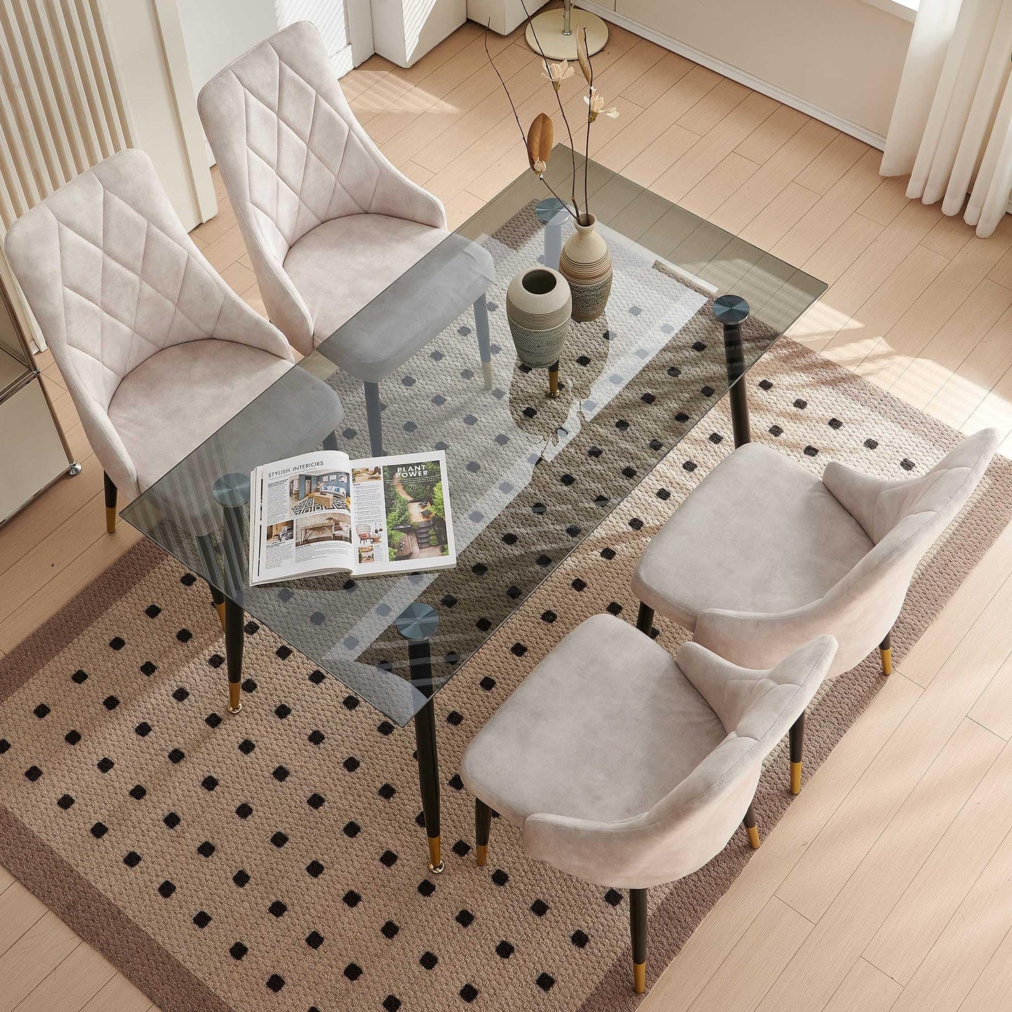 Kitchen Table and Chairs Set, Grey Glass Round Table with Metal Legs, 4 Chairs