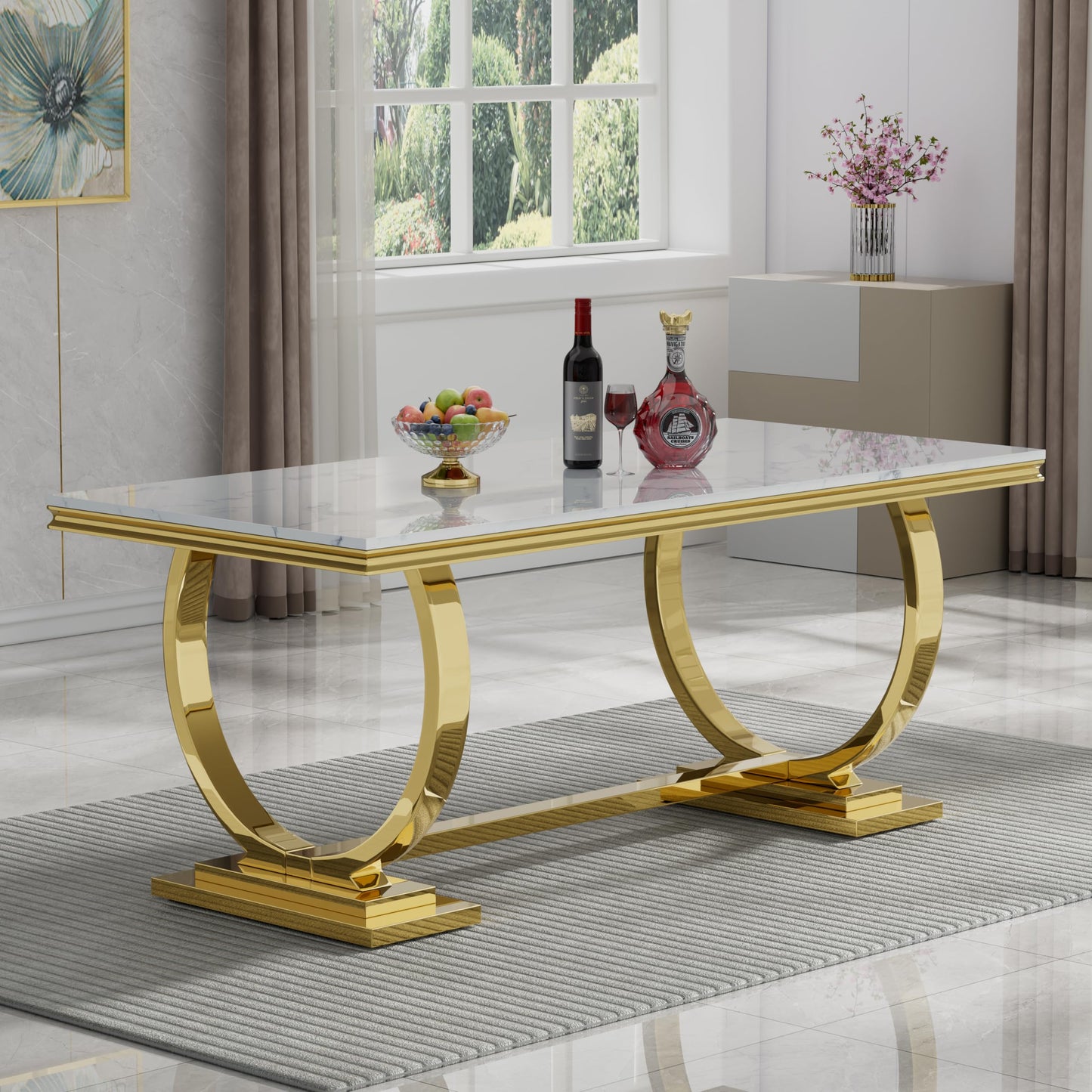 70 Inch White Marble Kitchen Table with Gold Mirrored Cabriole Legs