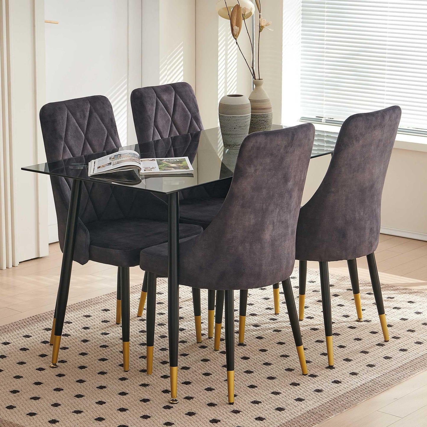 Kitchen Table and Chairs Set, Grey Glass Round Table with Metal Legs, 4 Chairs