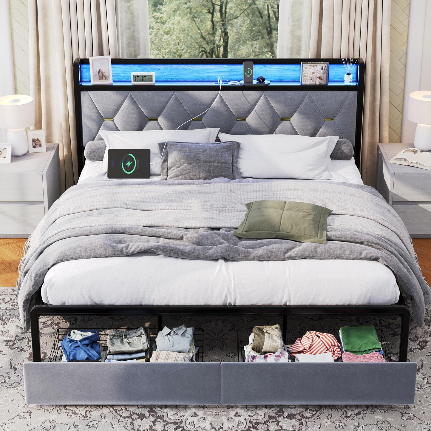 Led King Platform Bed Frame with Faux Leather Storage Headboard