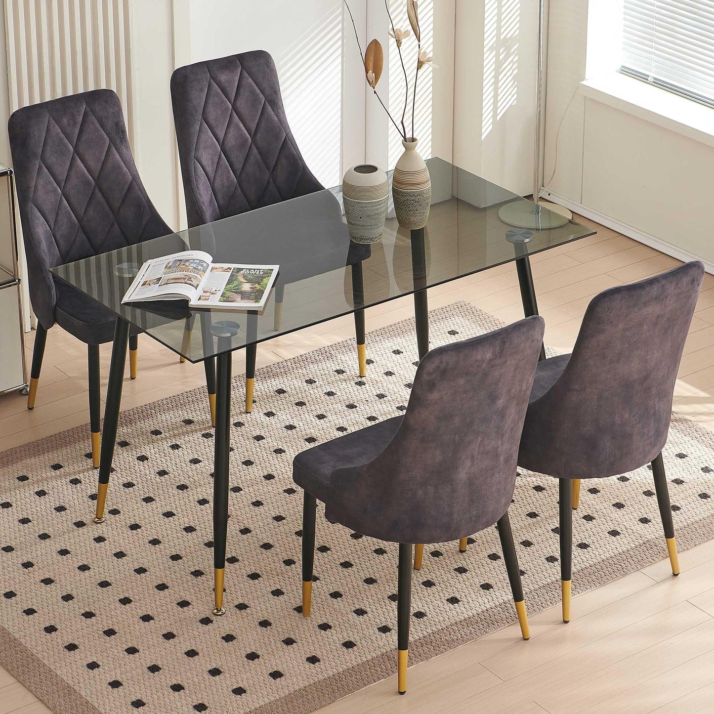 Kitchen Table and Chairs Set, Grey Glass Round Table with Metal Legs, 4 Chairs