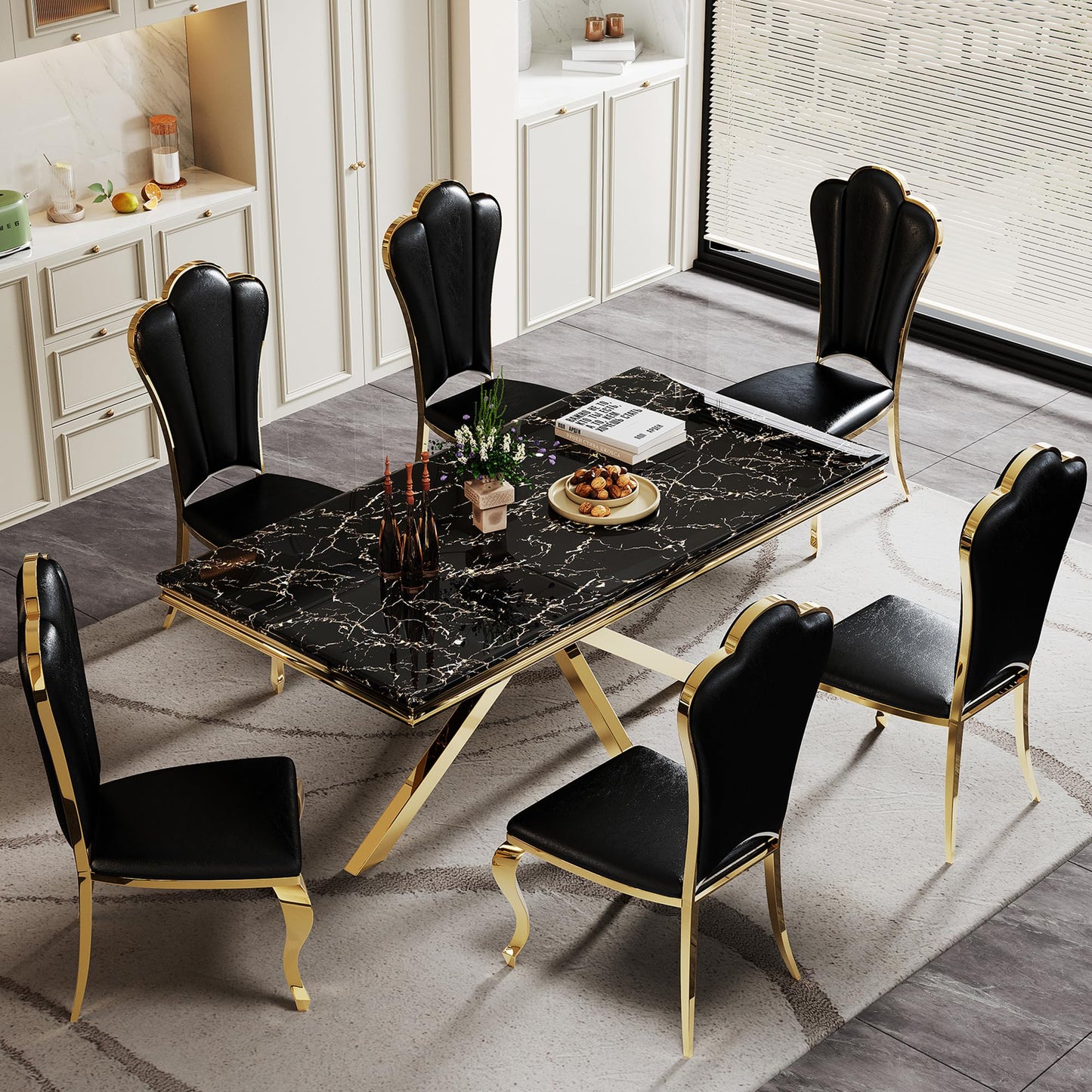 70 Inch White Marble Kitchen Table with Gold Mirrored Cabriole Legs