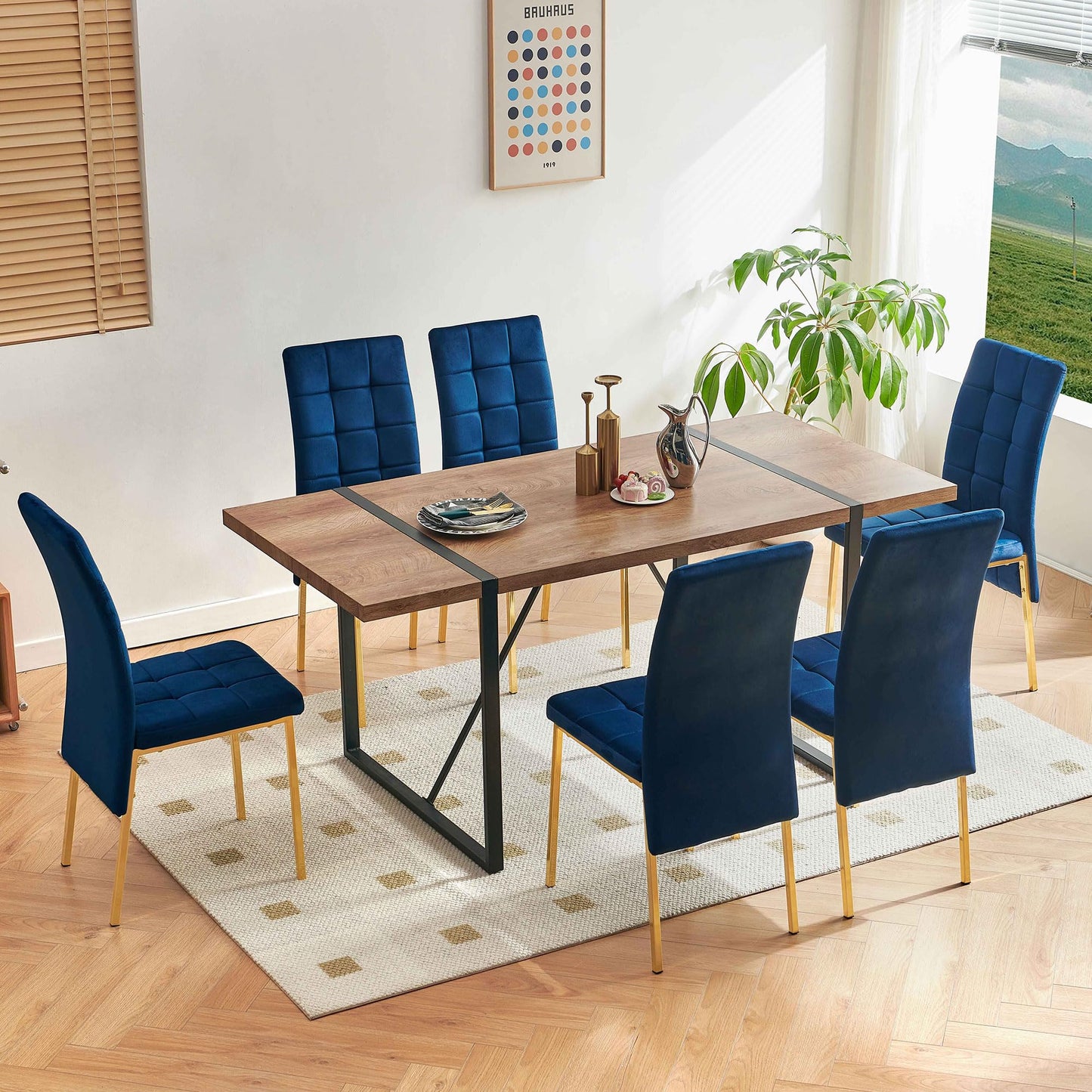 7 PCS Dining Room Table Set, 66" Large Kitchen Table Chairs Velvet Upholstered Chairs