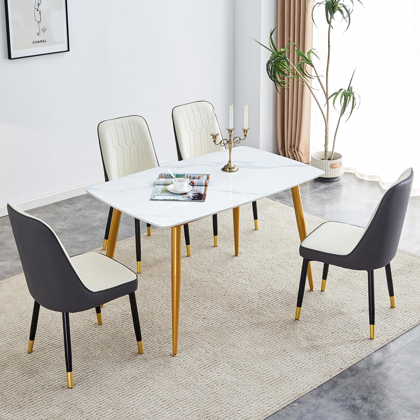 Dining Room Table Set for 4,Sintered Stone Kitchen Table Top and Modern Chairs