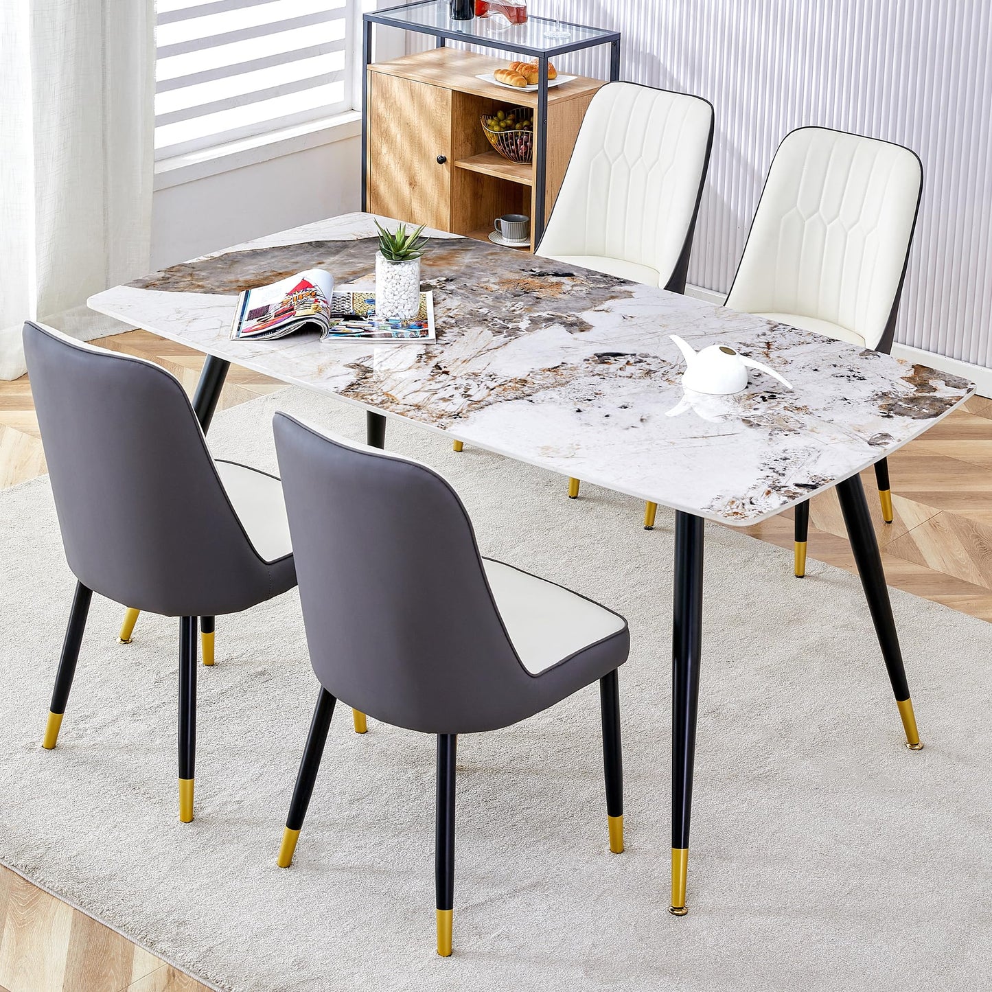 Dining Room Table Set for 4,Sintered Stone Kitchen Table Top and Modern Chairs