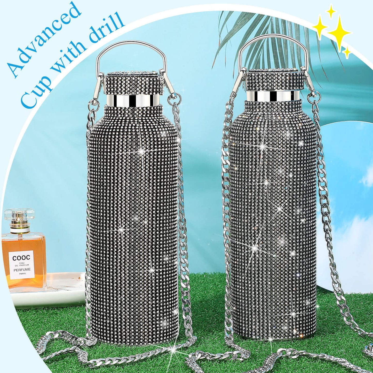 2 Pieces Bling Water Bottle Diamond - Rhinestone with Chain Stainless Steel