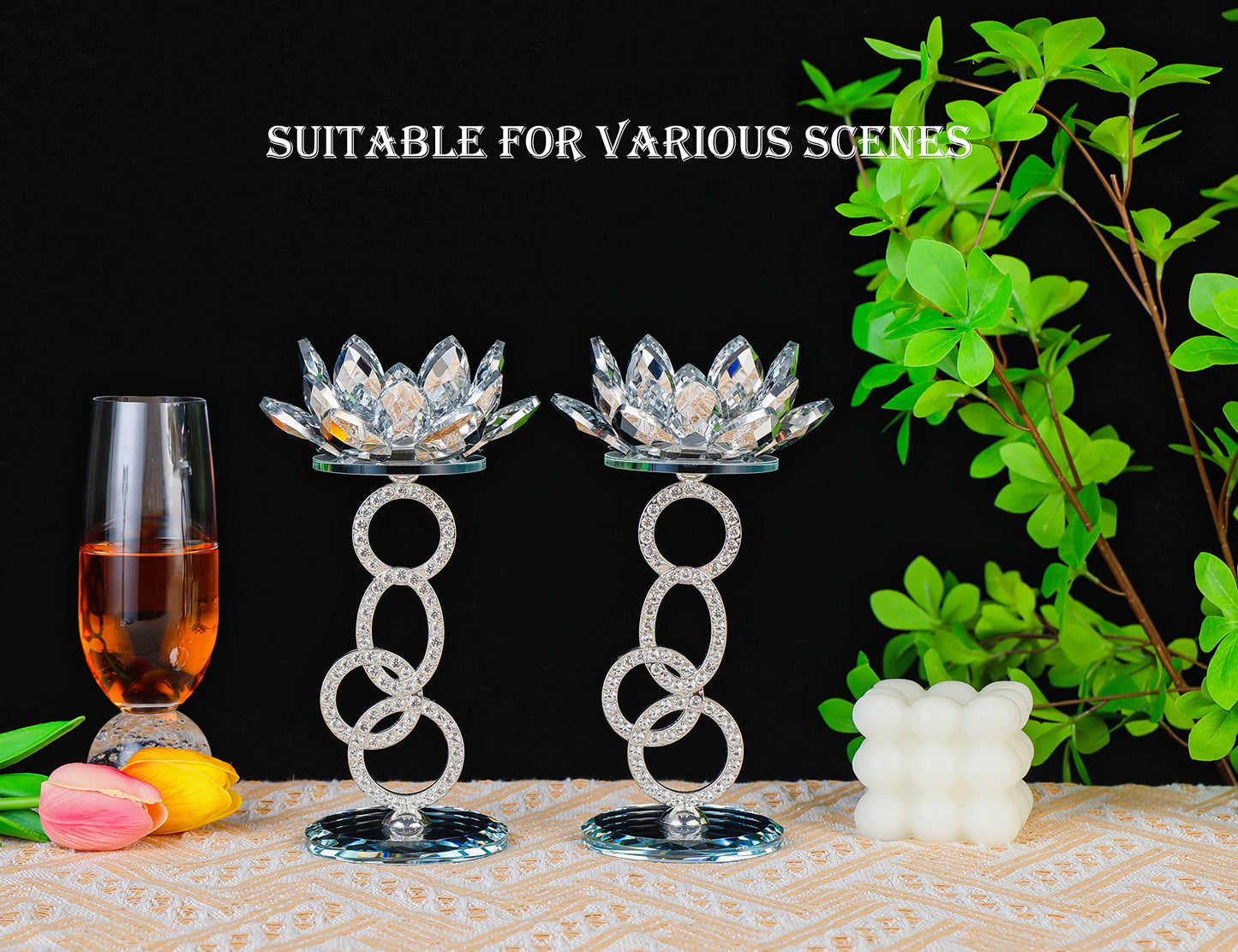 Set of 2, Lotus Flower Holder, Crystal Mirror Base, Silver Metal Bracket