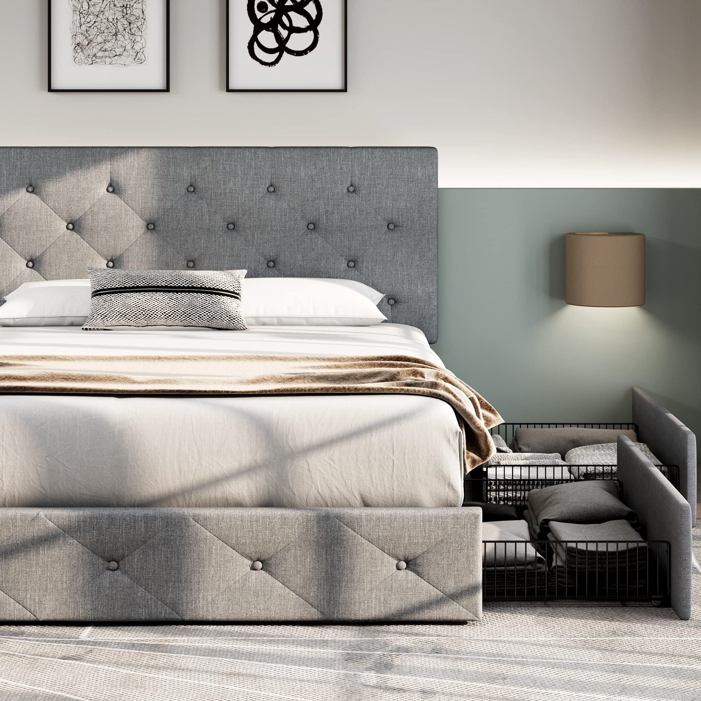 Upholstered Platform Bed Frame with 4 Storage Drawers and Headboard