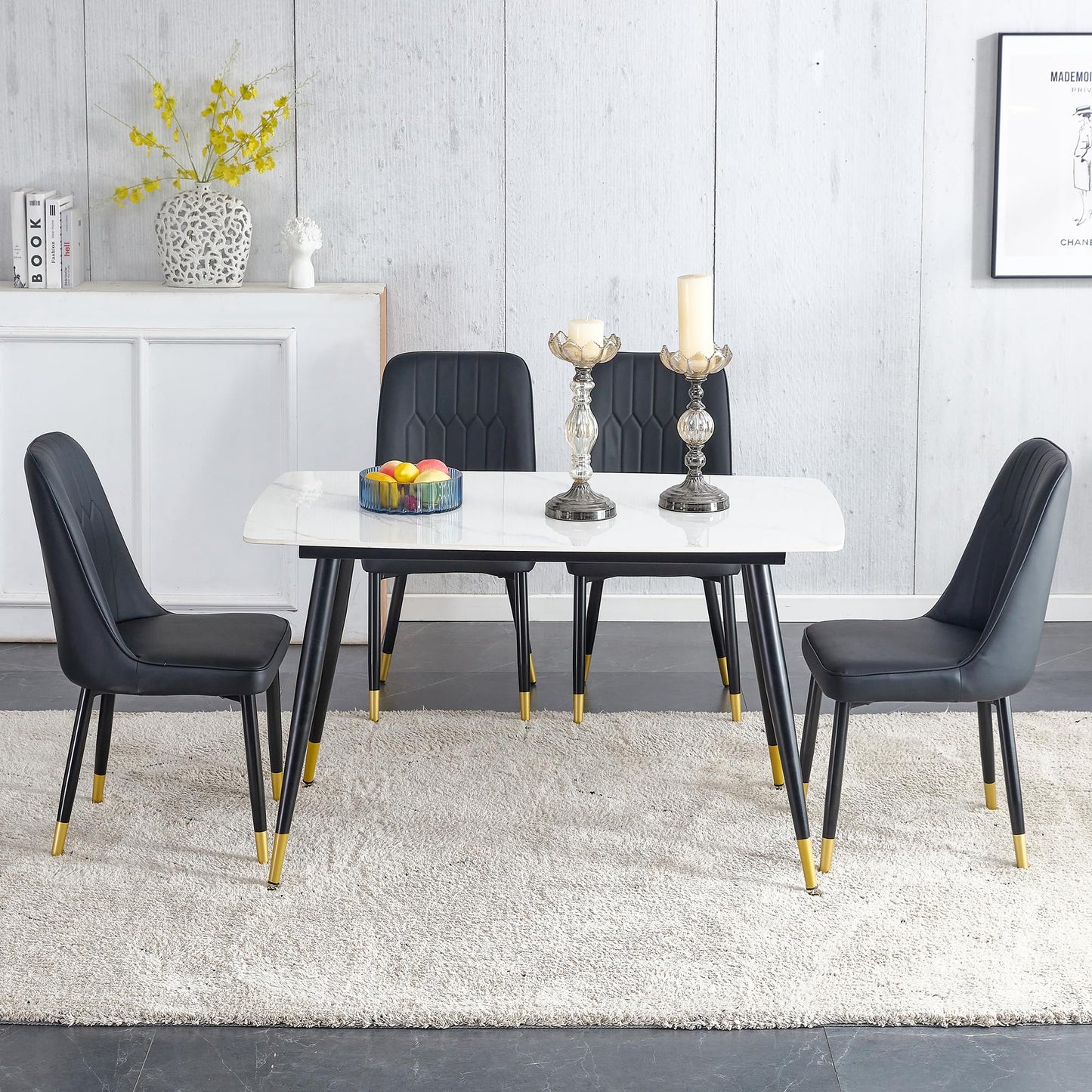 Dining Room Table Set for 4,Sintered Stone Kitchen Table Top and Modern Chairs