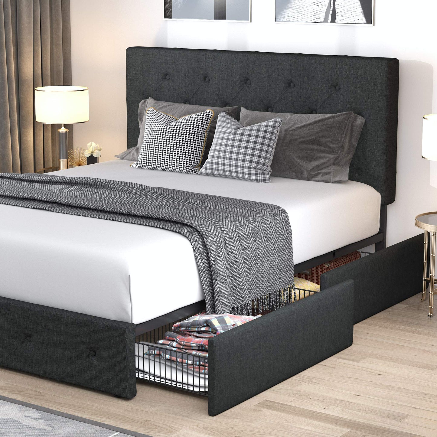 Upholstered Platform Bed Frame with 4 Storage Drawers and Headboard