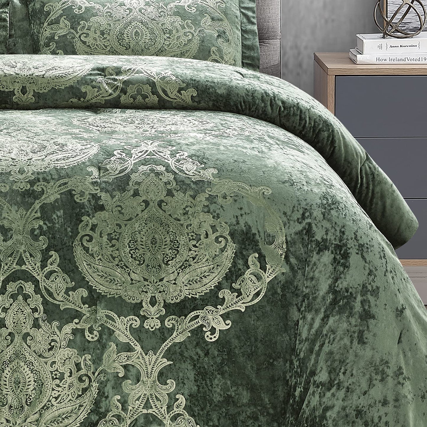 Metallic Print Comforter Set, Distressed Velvet Face with Metallic Print