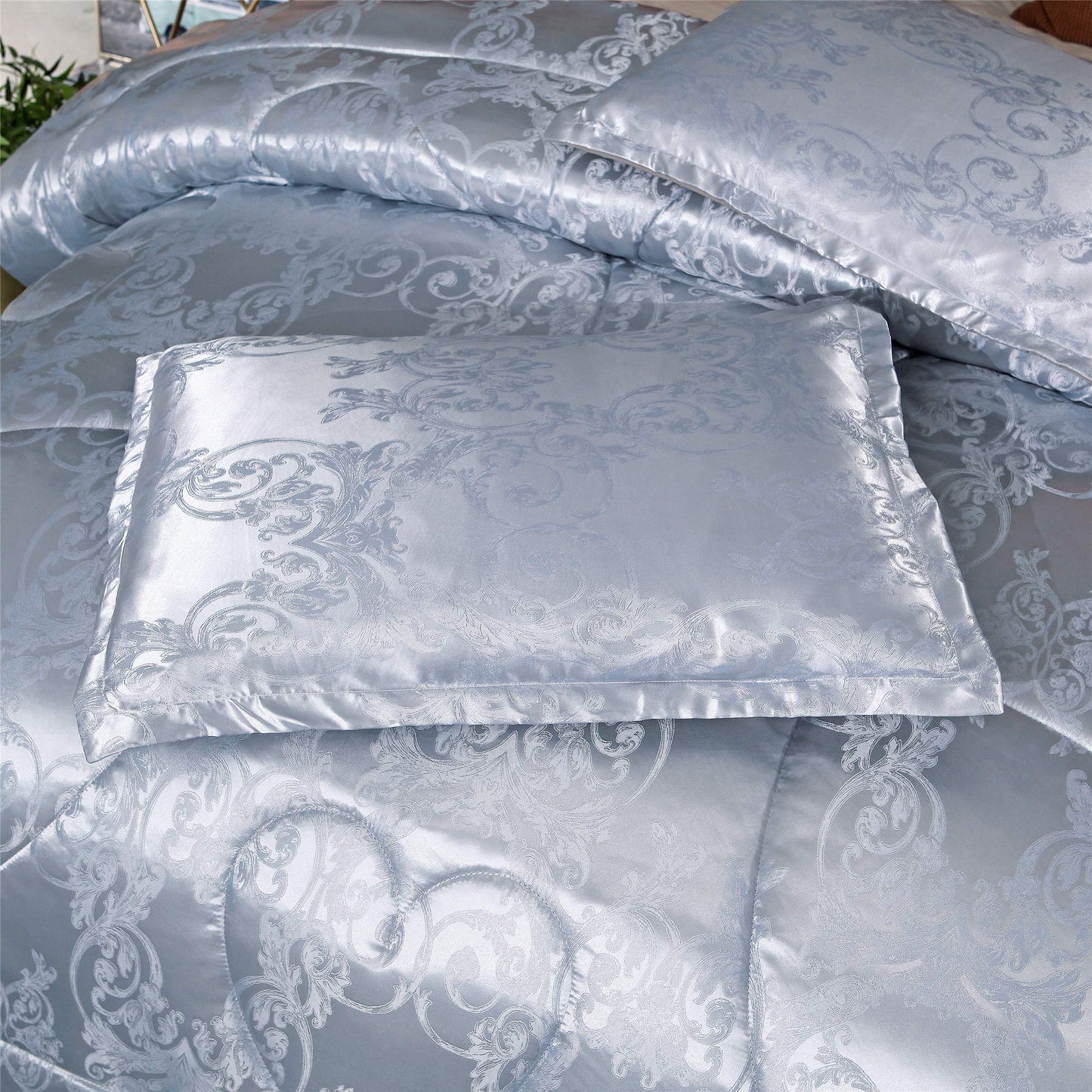 Comforter Set Satin Silk Blanket All Season Bed Luxury Royal Blue Jacquard