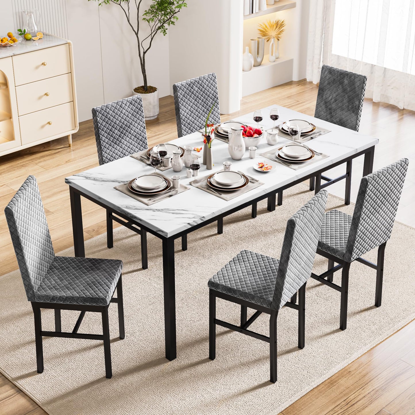 Dinner Table for 6, Marble Dining Room Table Set with Velvet Dining Chairs, 7 Piece