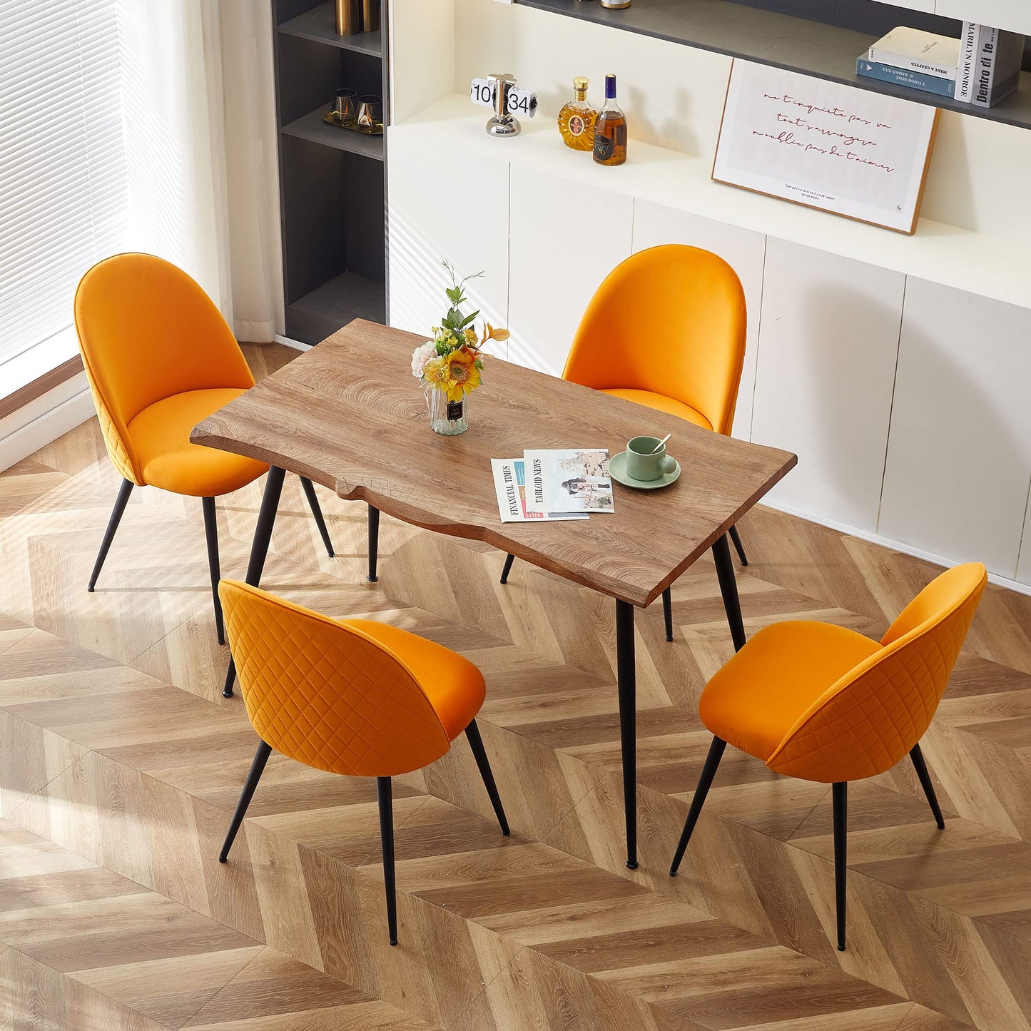 Modern Dining Table Set for 4 with Upholstered Dining Chairs Velvet