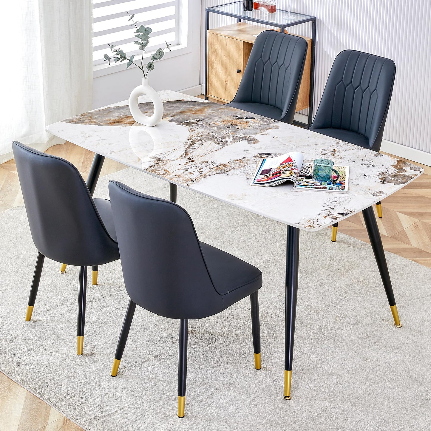 Dining Room Table Set for 4,Sintered Stone Kitchen Table Top and Modern Chairs