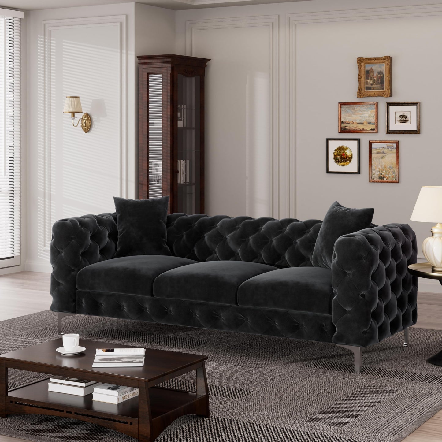 Velvet Couch Black Sofa Upholstered Modern Contemporary Sofa with Deep Button Tufting