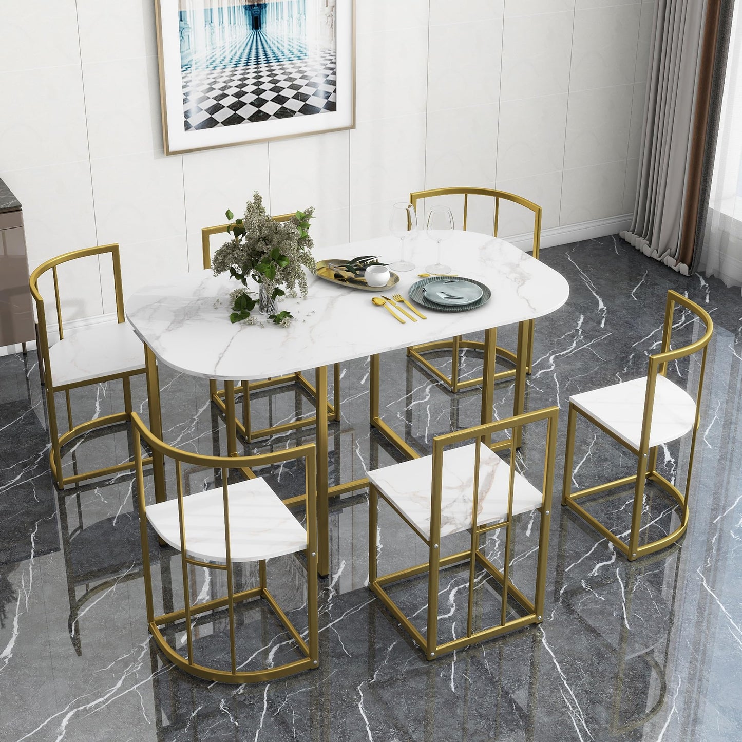 7-Piece Space-Saving Dining Set for 6 with Faux Marble Top, Metal Frame