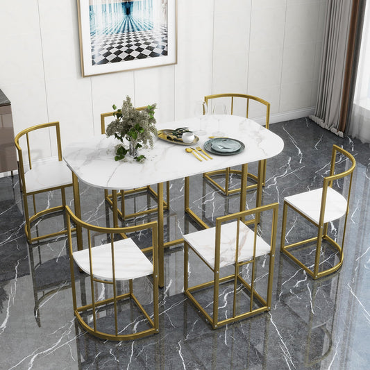 7-Piece Space-Saving Dining Set for 6 with Faux Marble Top, Metal Frame