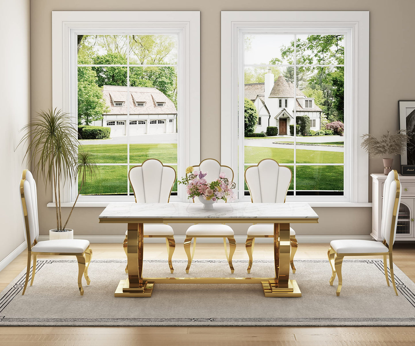 70 Inch White Marble Kitchen Table with Gold Mirrored Cabriole Legs