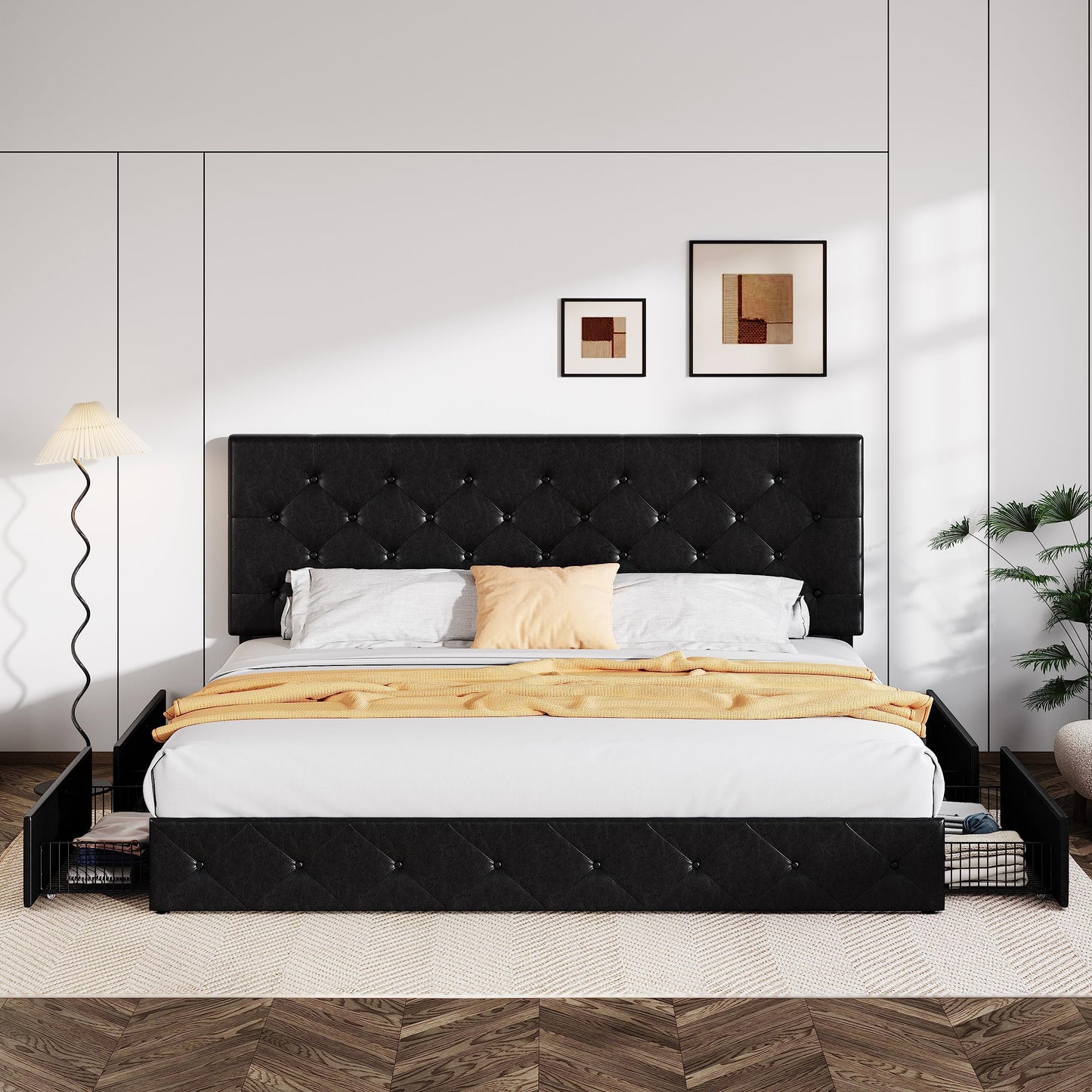 Upholstered Platform Bed Frame with 4 Storage Drawers and Headboard