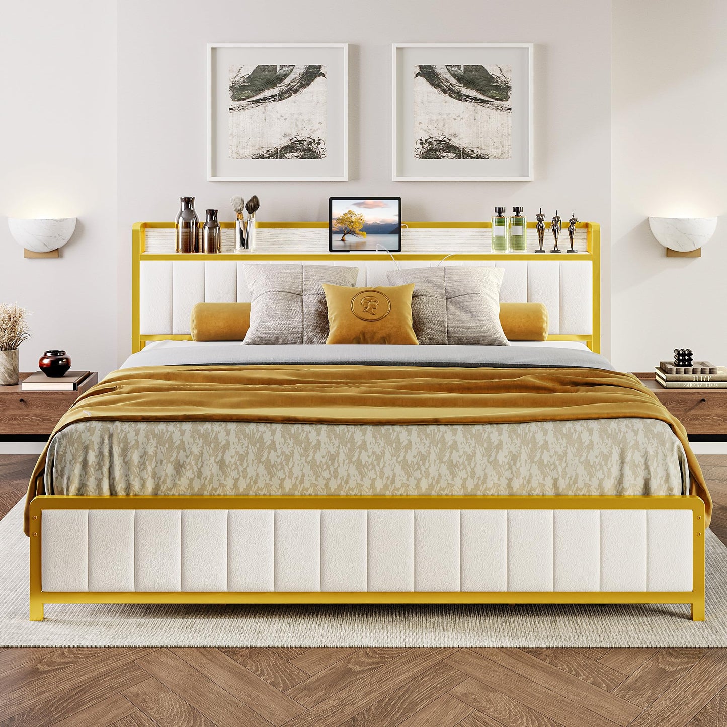 King Bed Frames, Storage Headboard with Charging Station